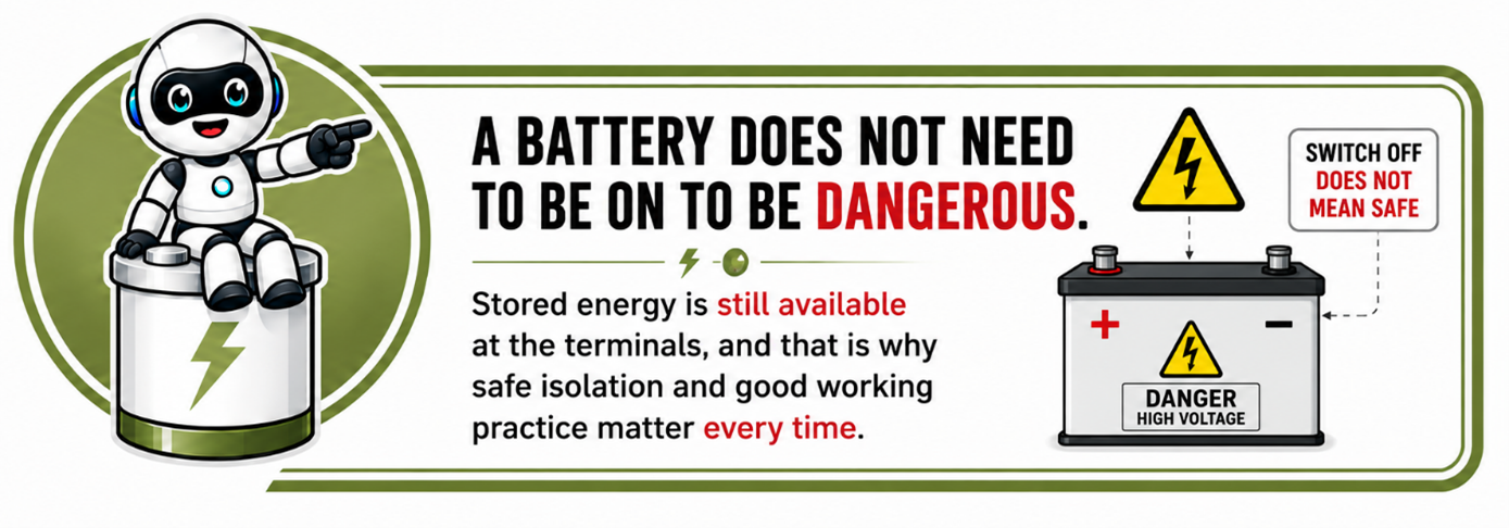 image (BATTERY DOES NOT NEED TO BE ON TO BE DANGEROUS.png) for battery can be dangerous even when off.