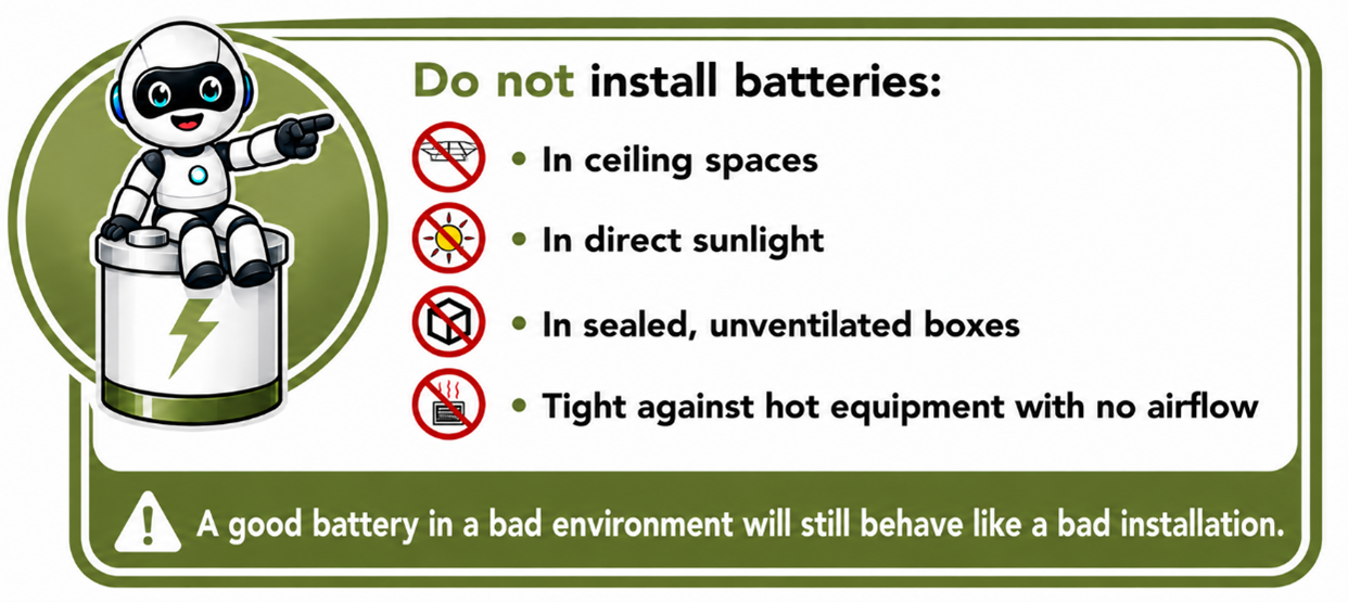 DO NOT INSTALL BATTERIES, IN CEILING SPACES diagram