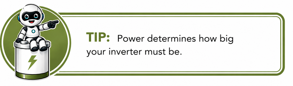 Tip: Power determines how big your inverter must be.